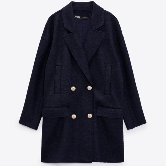 ZARA Navy Gold Button Wool Sweater Long Sleeve Coat Size XS